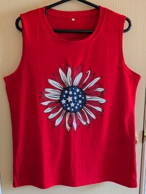 Red Sunflower Graphic Tank Top | Women’s XL | Sleeveless Patriotic Top
